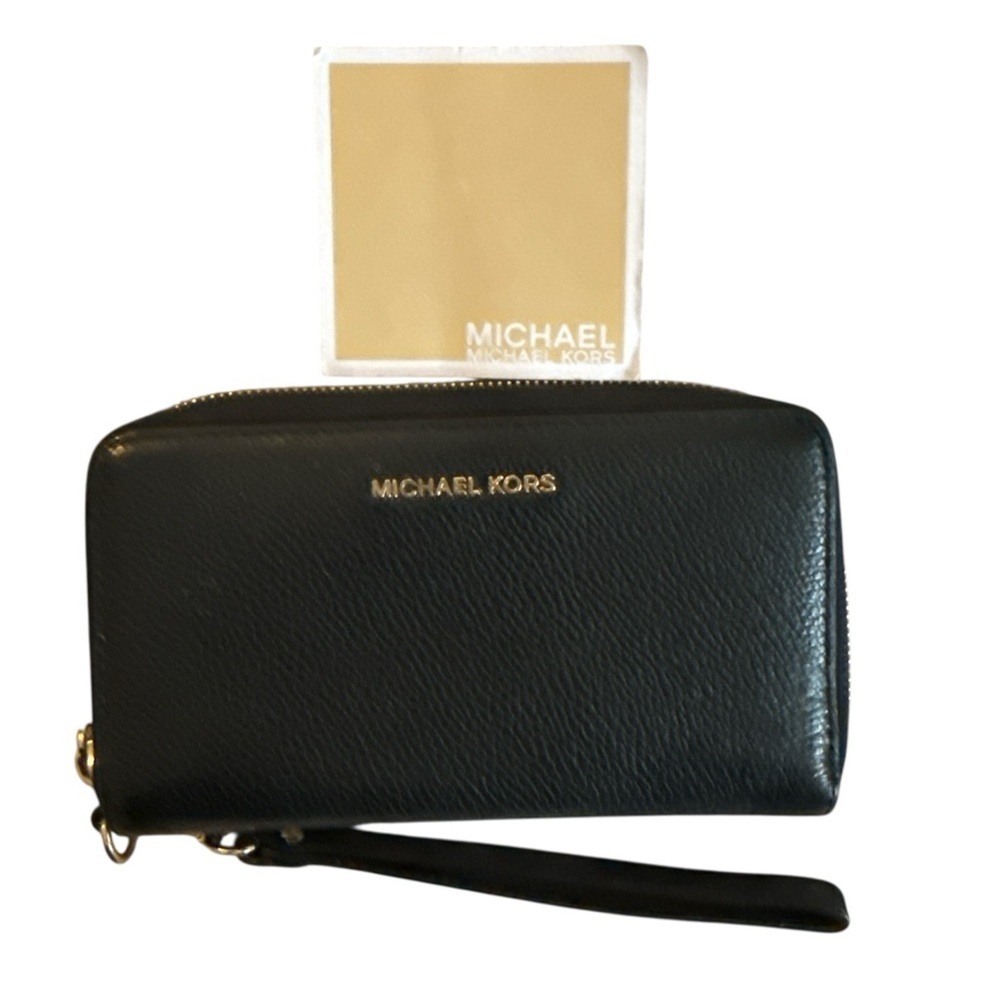 Michael Kors Black Leather Zip Around Wristlet Wallet Gold Pebbled Leather